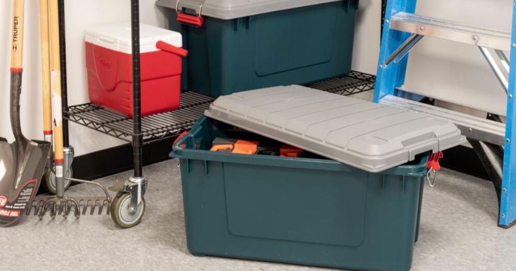 heavy duty storage container and storage shelf in garage 