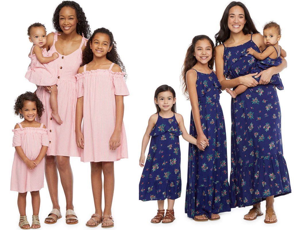 two sets of mothers with their daughters wearing matching dresses in pink stripes and navy floral patterns