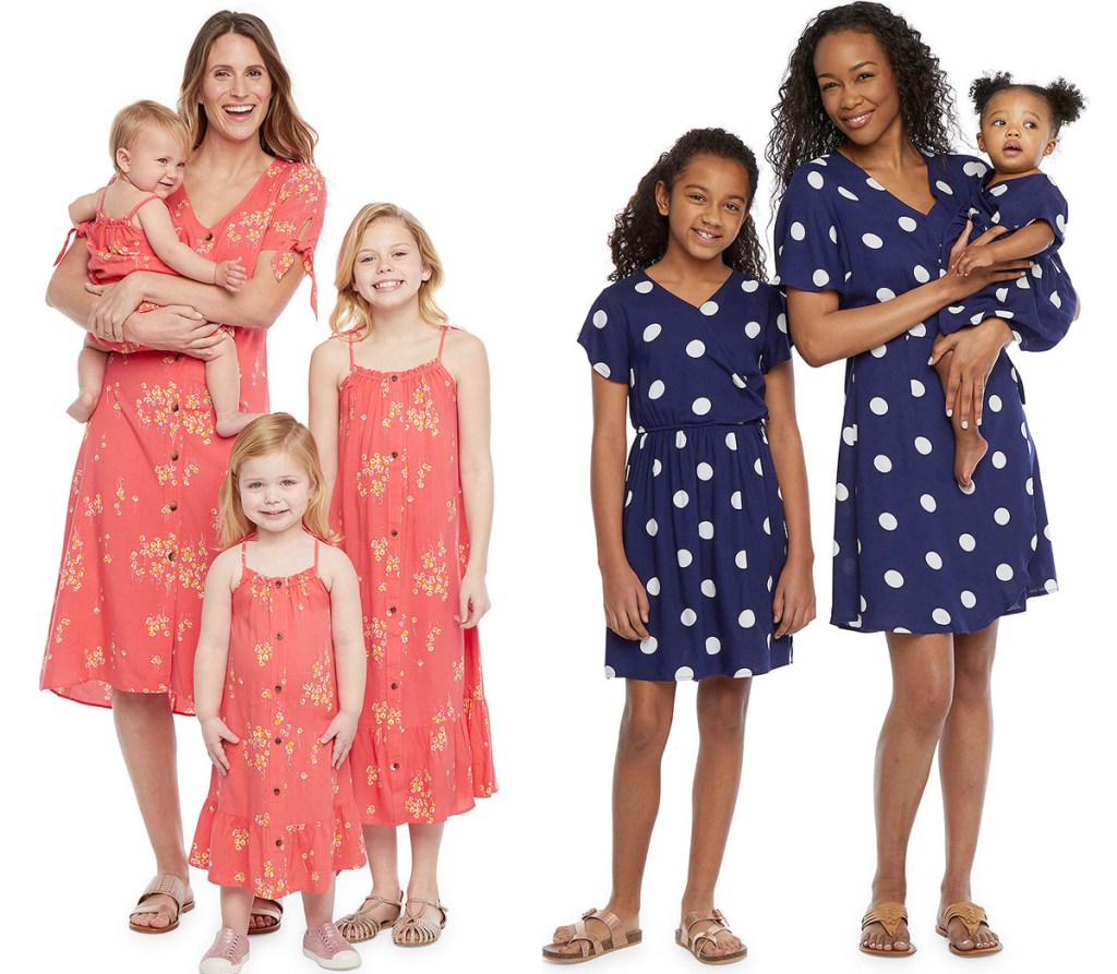 two sets of mothers with their daughters wearing matching dresses in pink floral and navy with white polka dots patterns