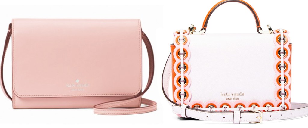 blush pink crossbody bag and white with pink and orange circle trim detail crossbody bag