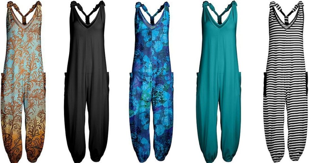 five women's racerback jumpsuits