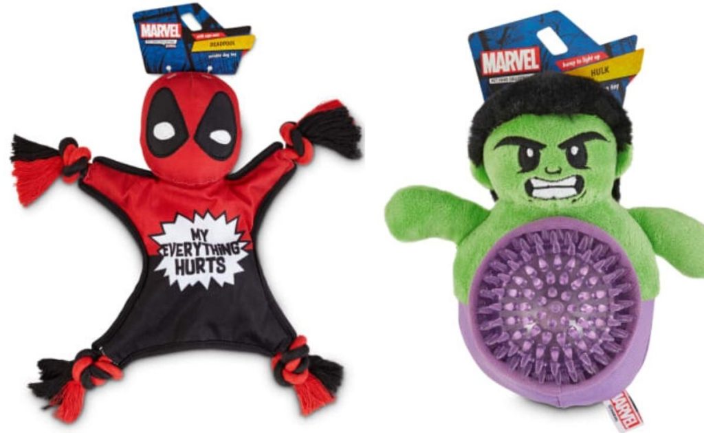 two different super hero themed dog toys