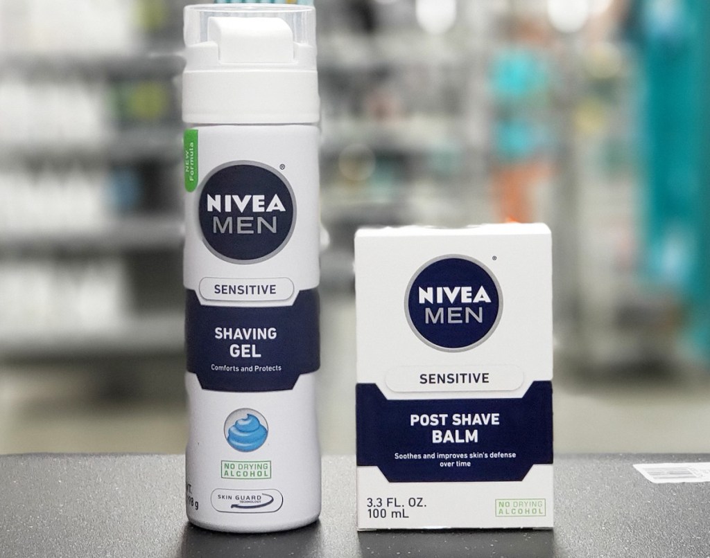 white and blue bottles of nivea men's shave gel and post shave balm