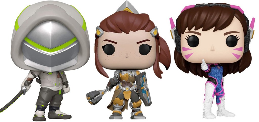 three funko pop figurines from the overwatch video game