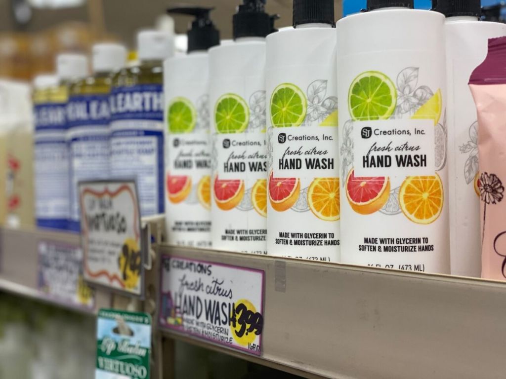 store shelf at Trader Joe's with pump bottles of hand wash