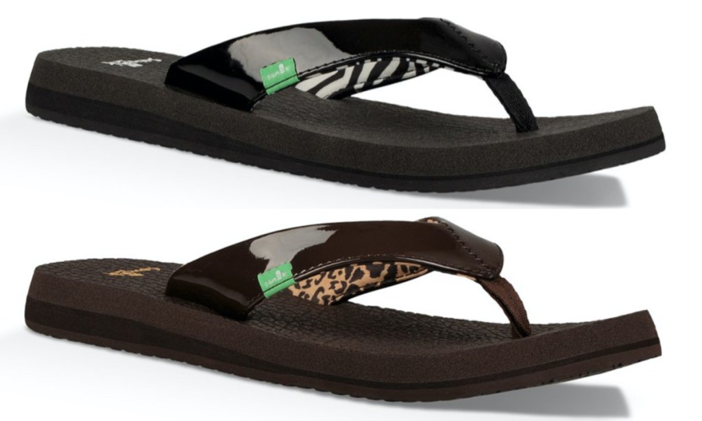 women's black zebra flip flop and women's brown cheetah flip flop