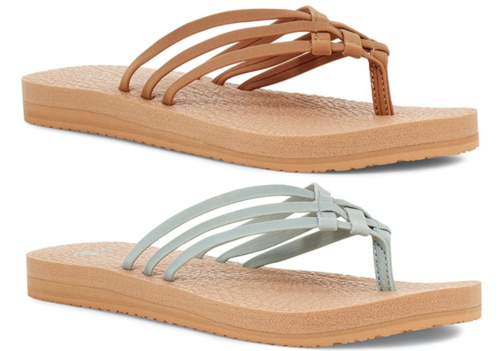 women's tan flip flop and women's grey flip flop