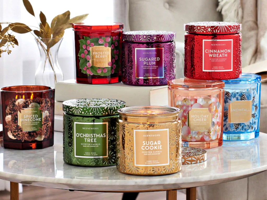 ScentWorx holiday candles on end table