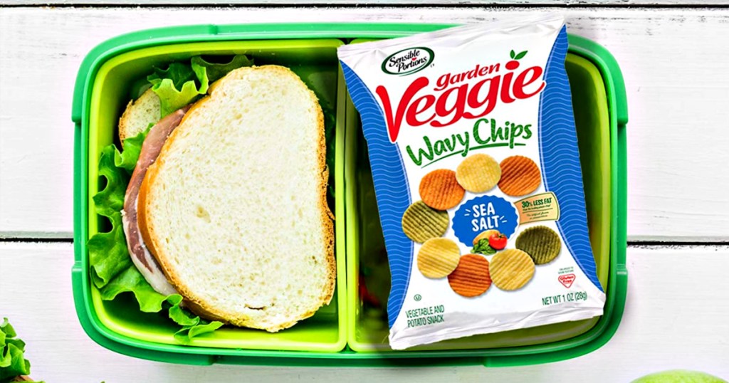 Sensible Portions Garden Veggie Chips in lunch box with sandwich