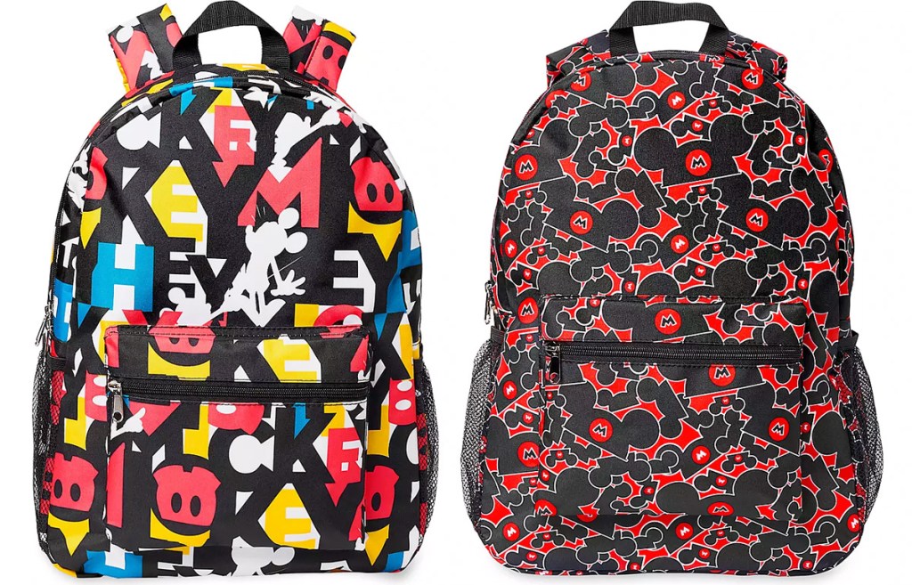 two black and red backpacks with allover mickey mouse prints