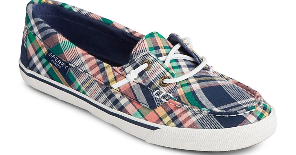 plaid printed slip-on sneaker with white laces and sole