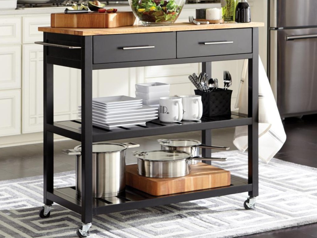 black 2-drawer rolling cart in kitchen