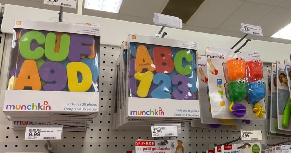 bath toys hanging on display in a store