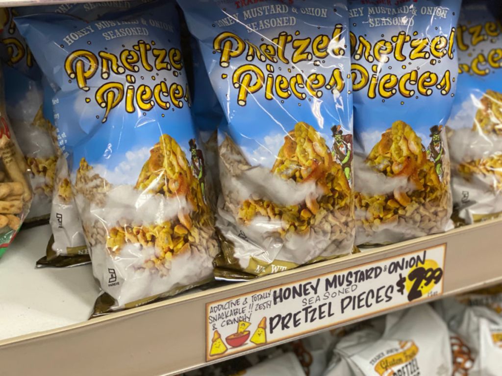 shelf with multiple bags of Trader Joe's Pretzel Pieces Shelf