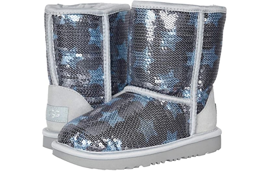 girls ugg boots covered in grey sequins with blue sequin stars