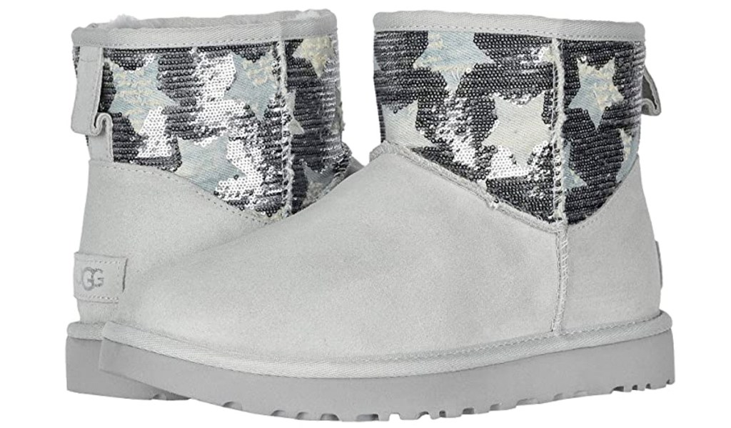 womens short grey ugg boots with grey sequin stars at tops