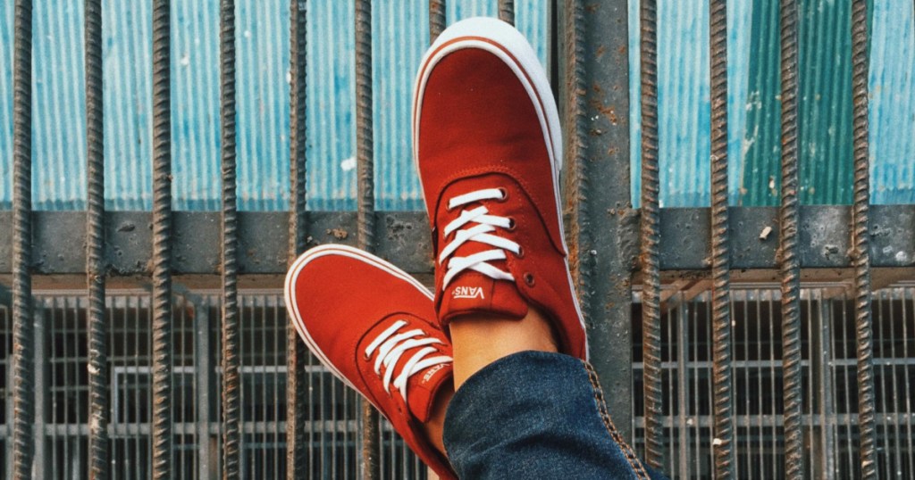 Vans Doheny Men’s Skate Shoes in Oxblood propped up on iron rods