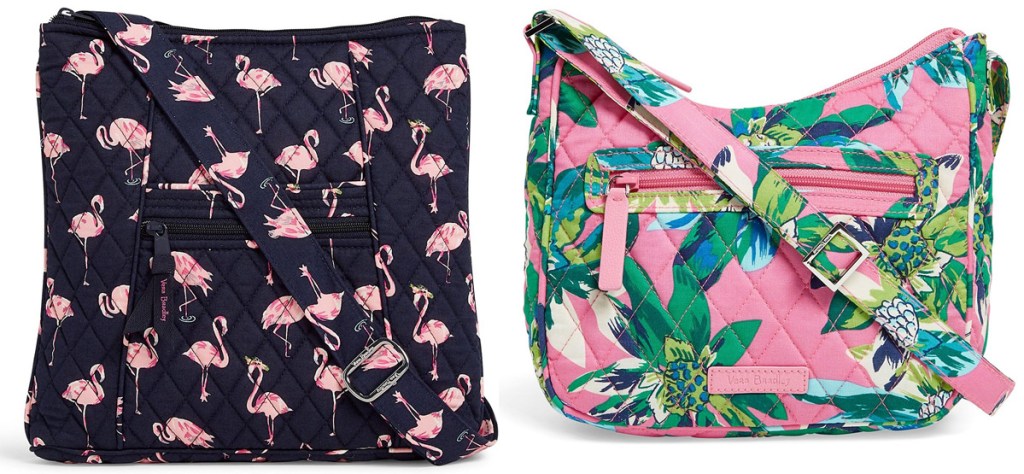 two crossbody bags in black with pink flamingos and pink and green floral prints