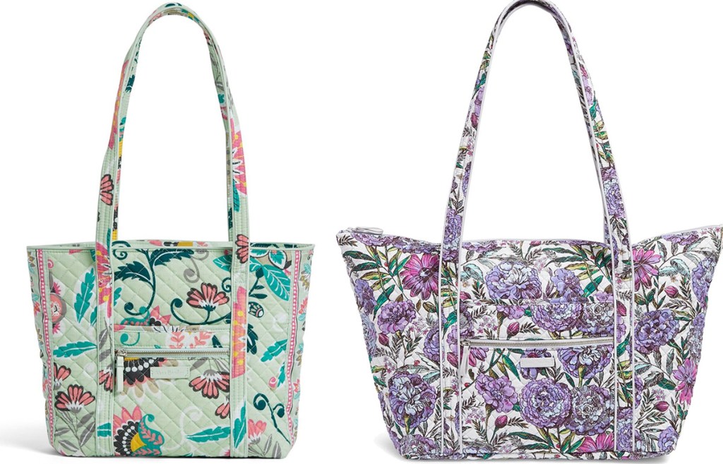 mint green floral tote bag and purple floral overnight bag