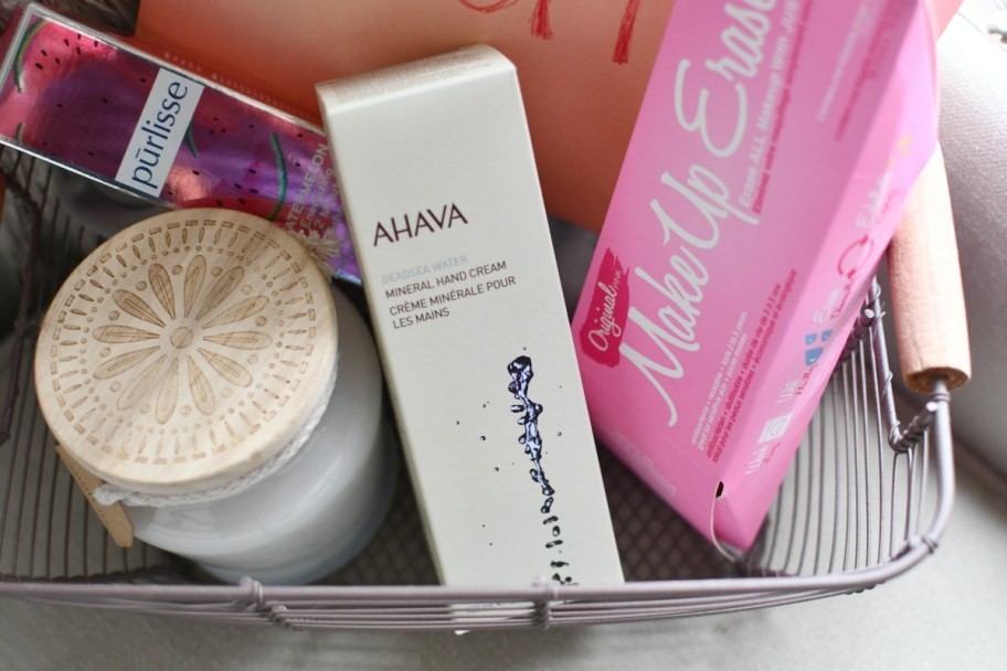 ahava hand cream in a gift basket