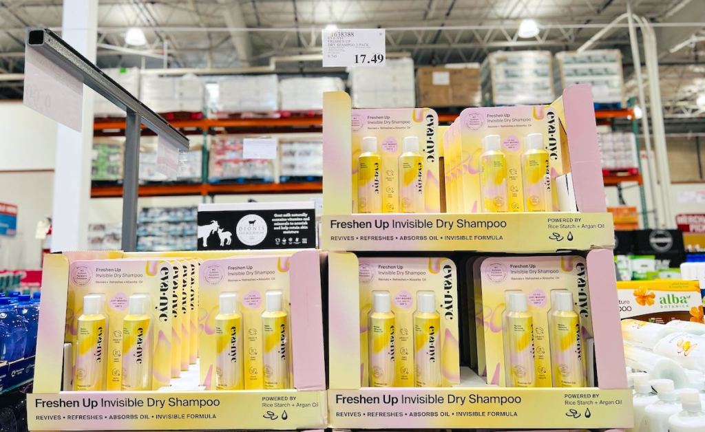 stacks of eva nyc dry shampoo at costco store