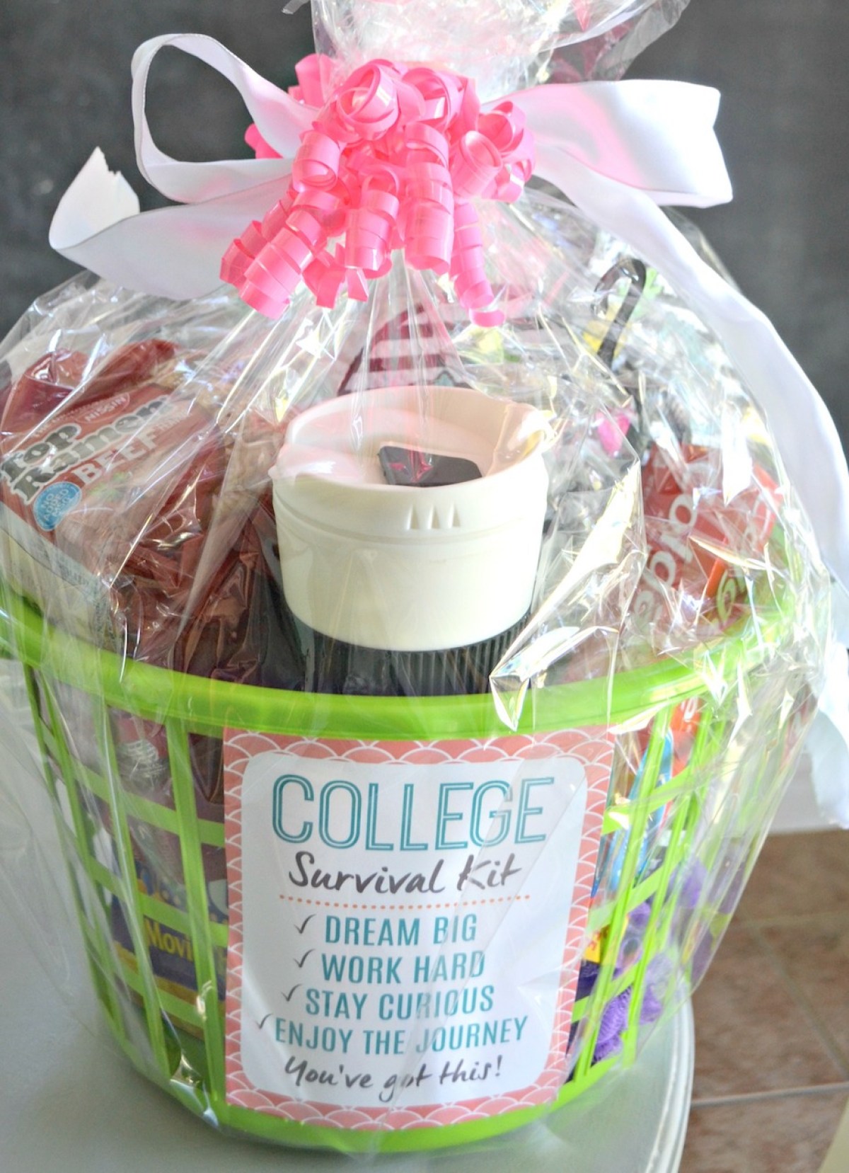 DIY college survival kit in hamper 