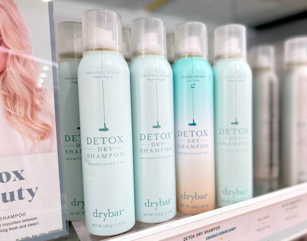 row of drybar detox bottles on store shelf