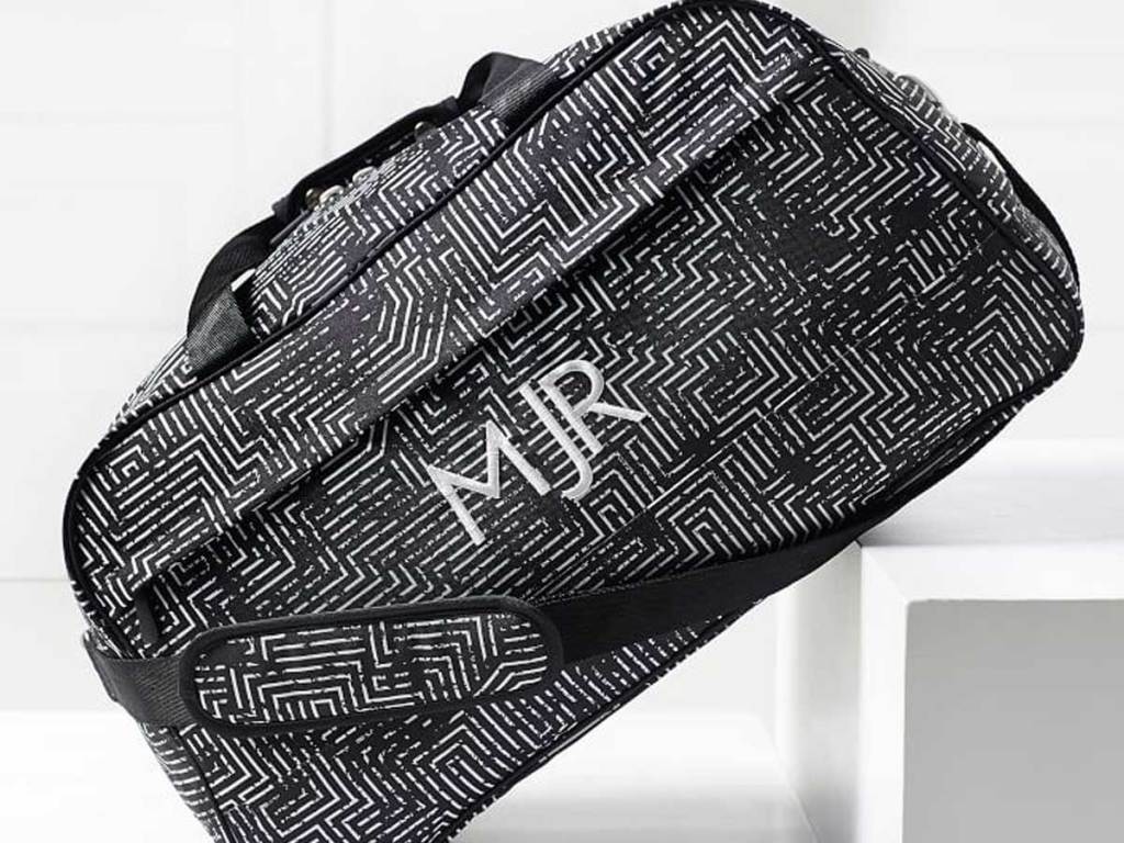 black and white duffel bag