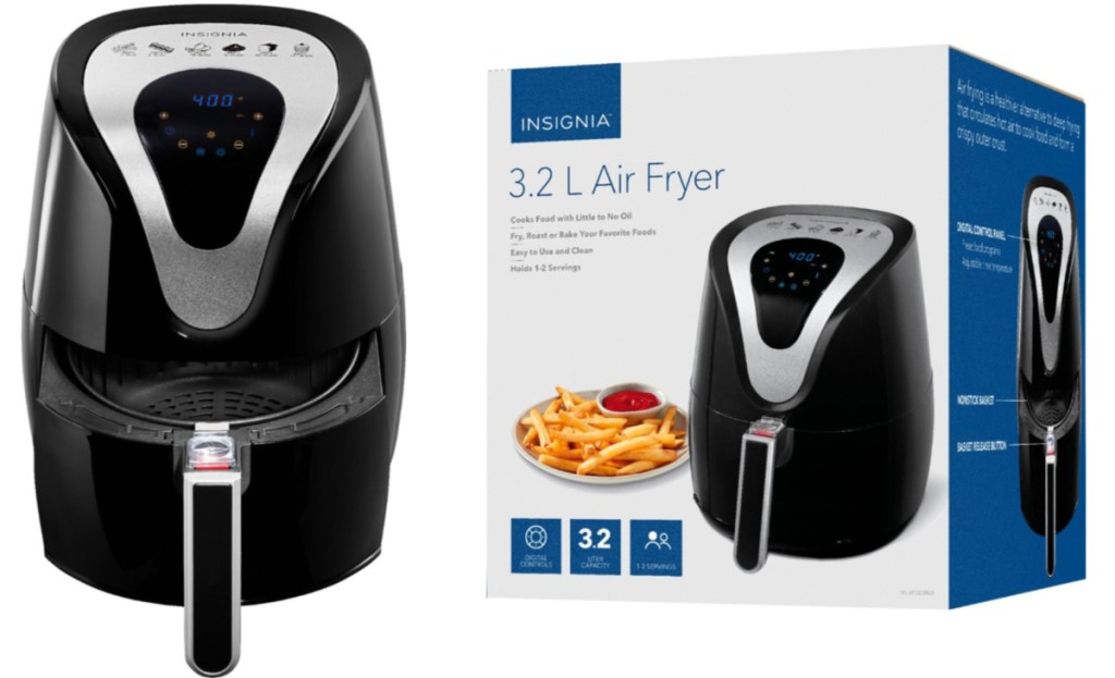 insignia 3.4 quart air fryer next to unopened box