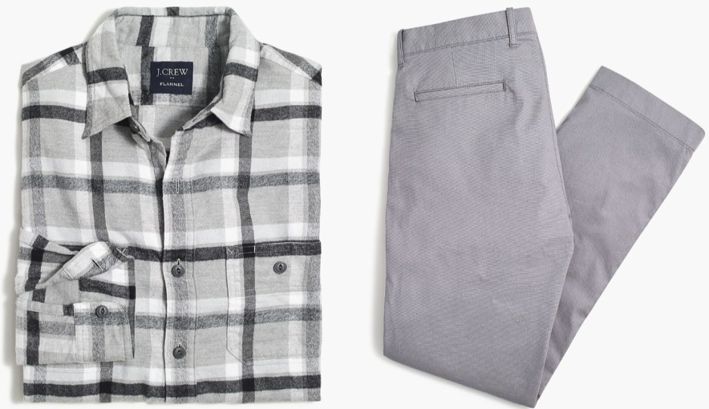 gray white navy plaid button up and gray pants