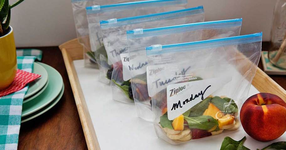 meal prepped food in ziploc bags