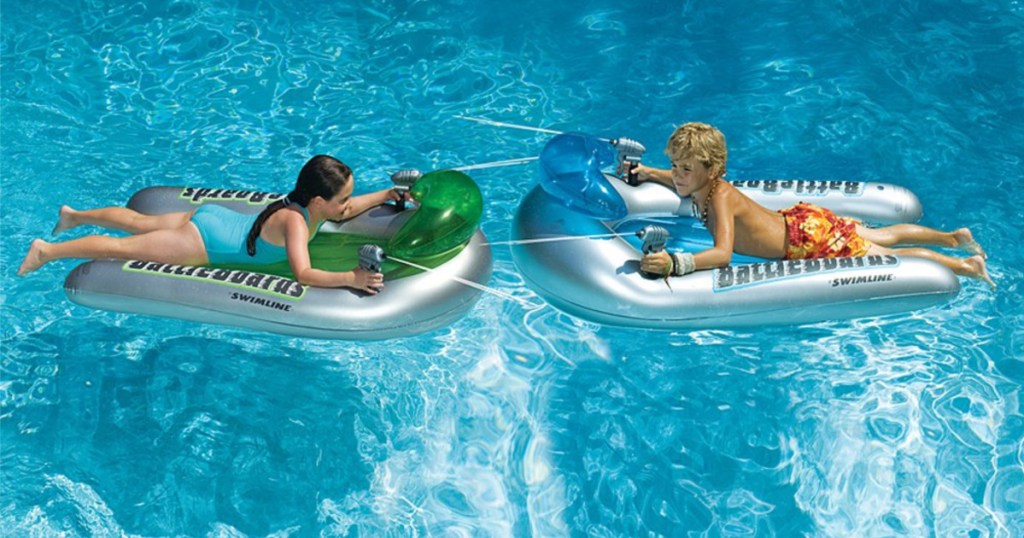 pool float blasters with two kids on them