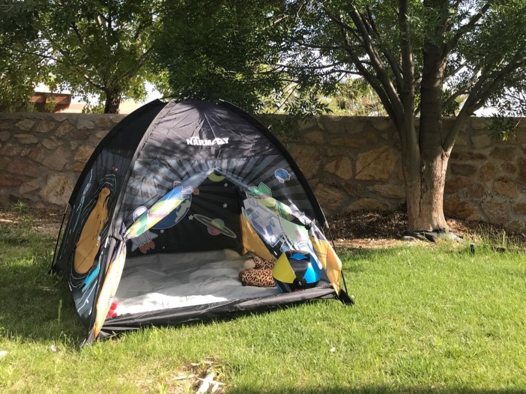 Space dome tent in a backyard