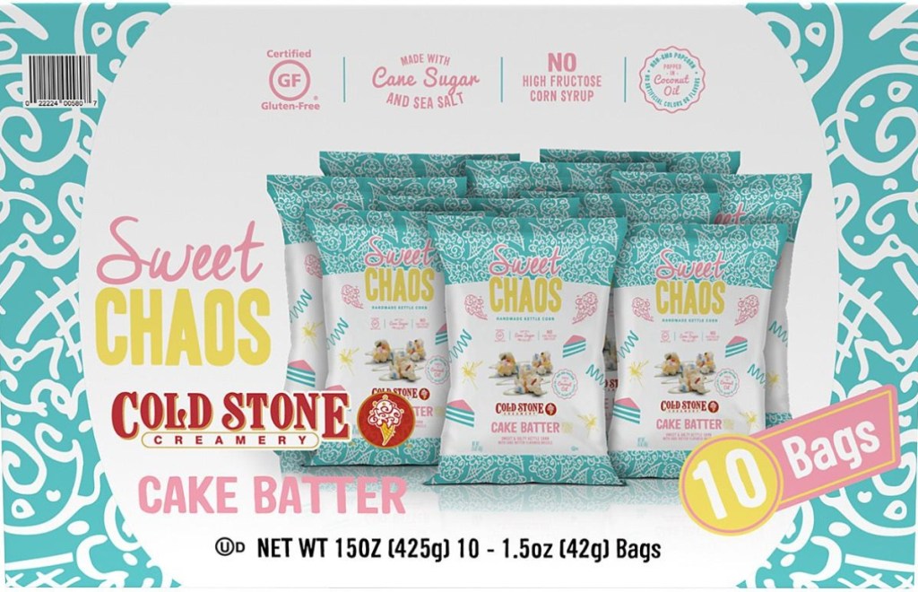 box of 10 Sweet Chaos bags of popcorn