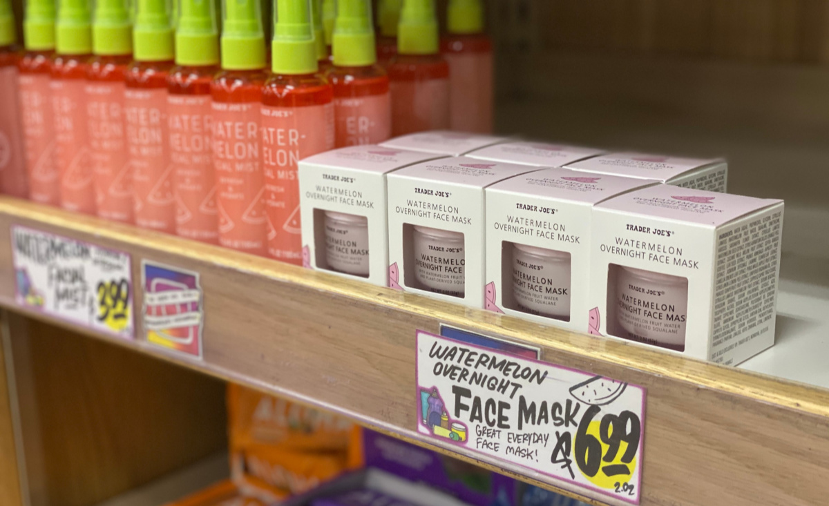 Watermelon face mask containers in packaging on shelf, in-store