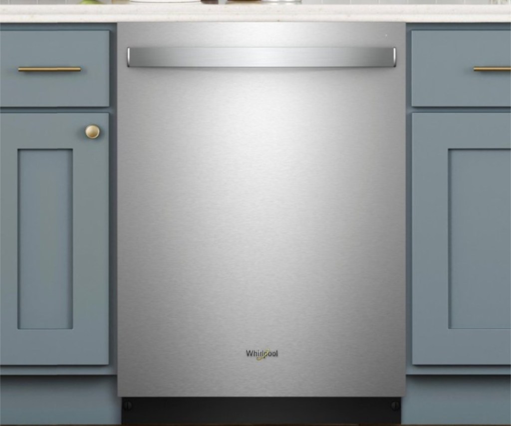 whirlpool dishwasher in blue kitchen cabinets