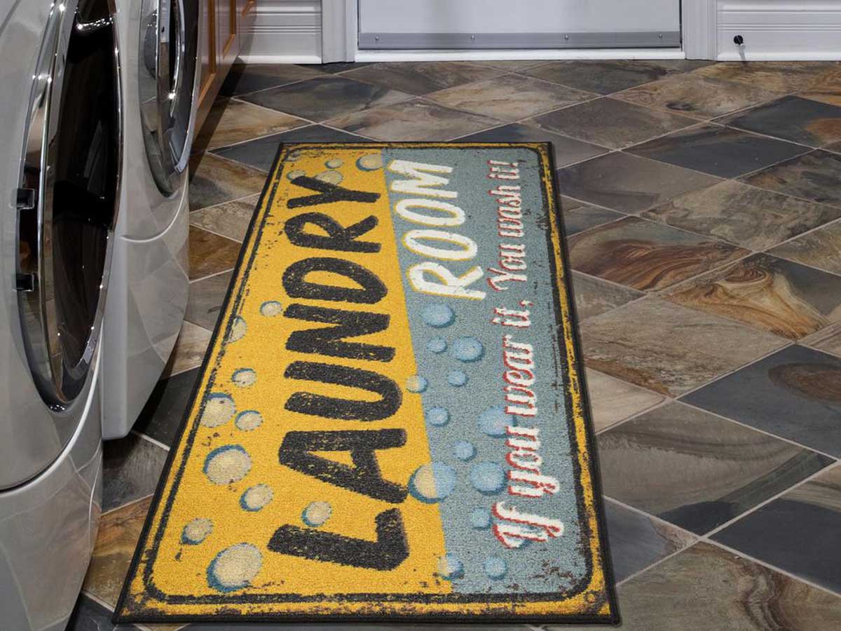 laundry room runner rug in yellow and blue in room