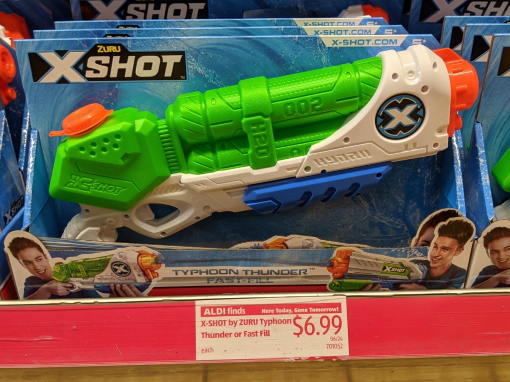 ZURU x-Shot water gun sitting on a shelf at ALDI