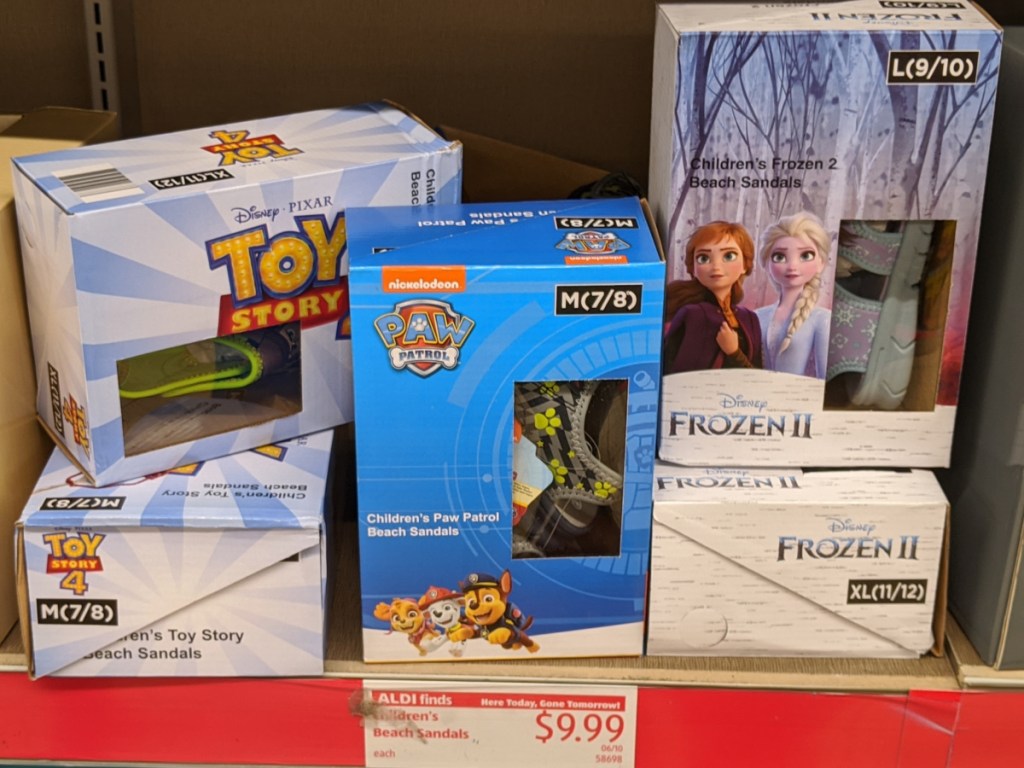 children's summer beach sandals in boxes in store at aldi 