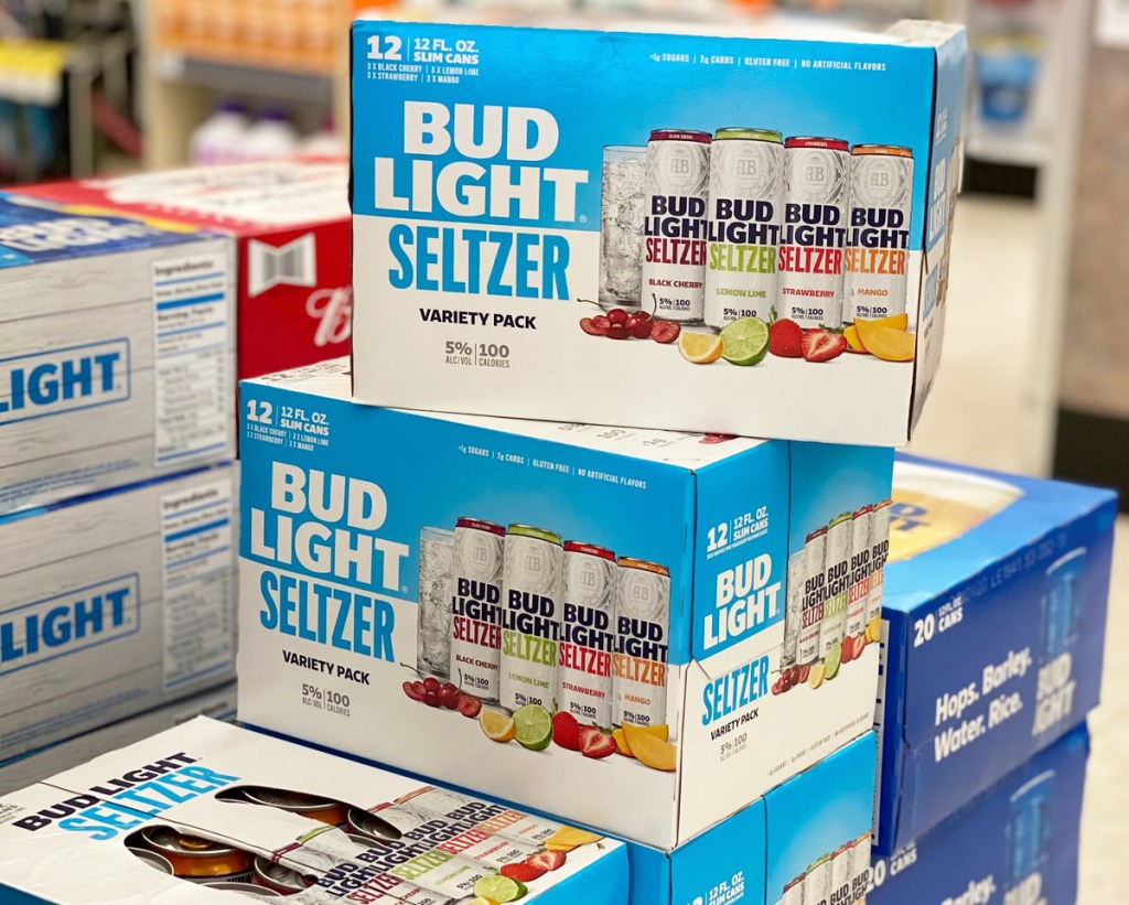 blue and white boxes of bud light seltzer stacked on each other