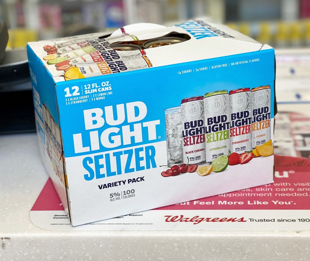 blue box of Bud Light Seltzer sitting on walgreens checkout counter