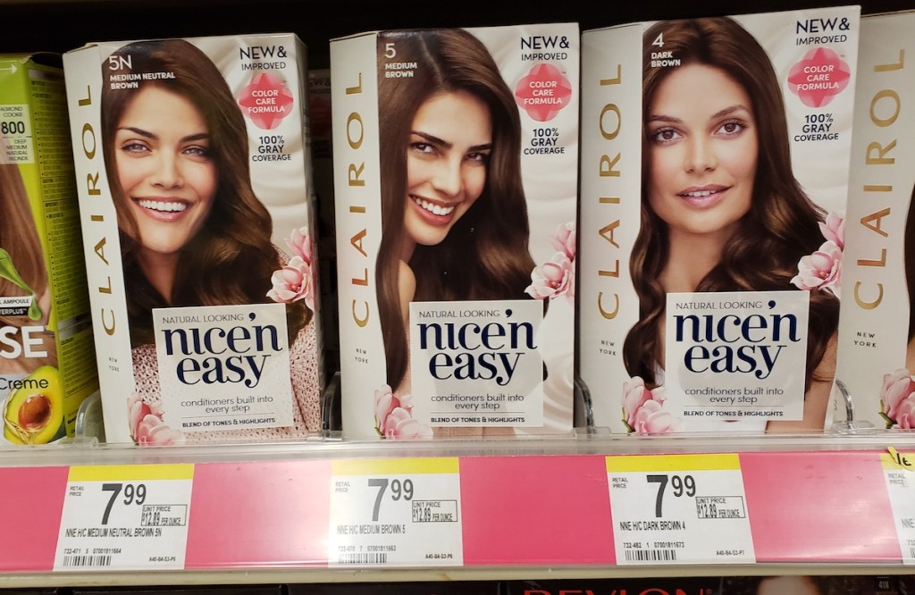 Clairol hair color on shelf at Walgreens