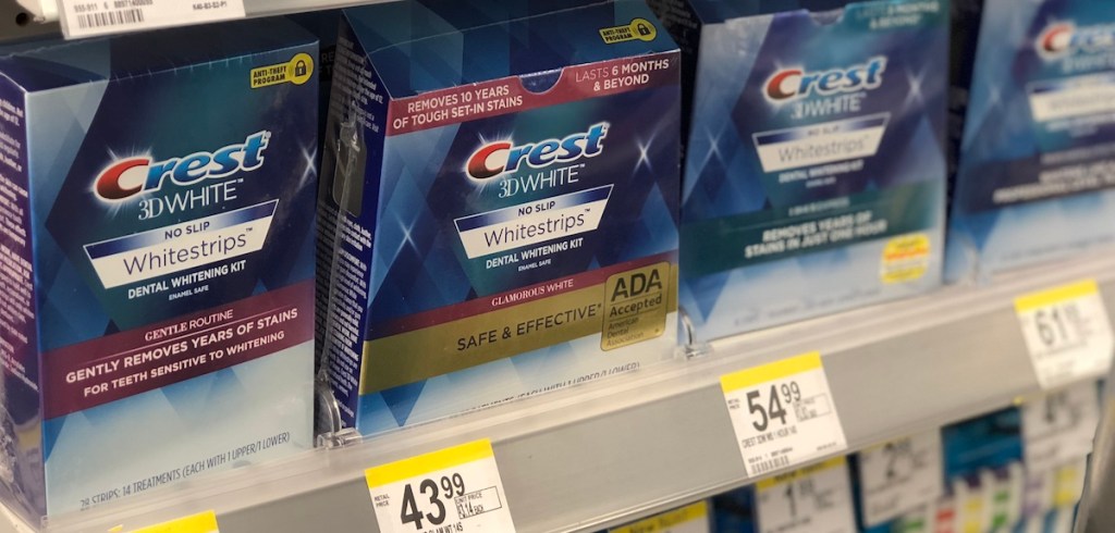 row of Crest whitestrips on shelf at Walgreens