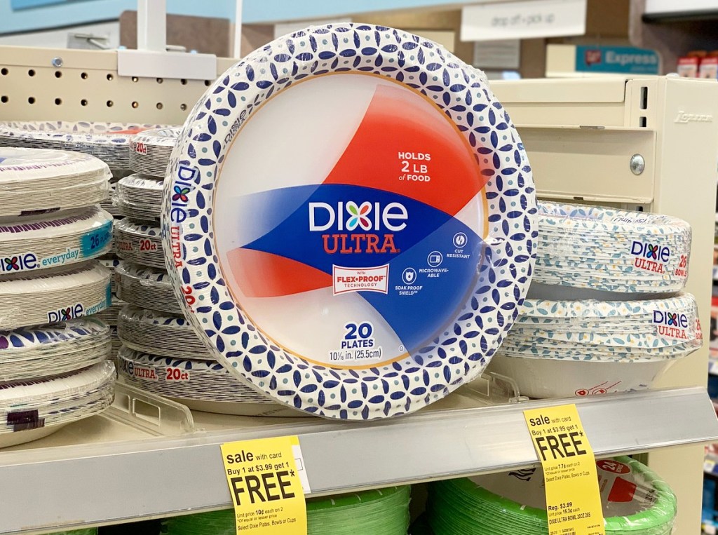 20-count package of blue and white dixie paper plates on store shelf