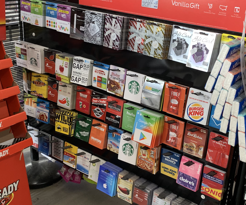 display of gift cards at Dollar General