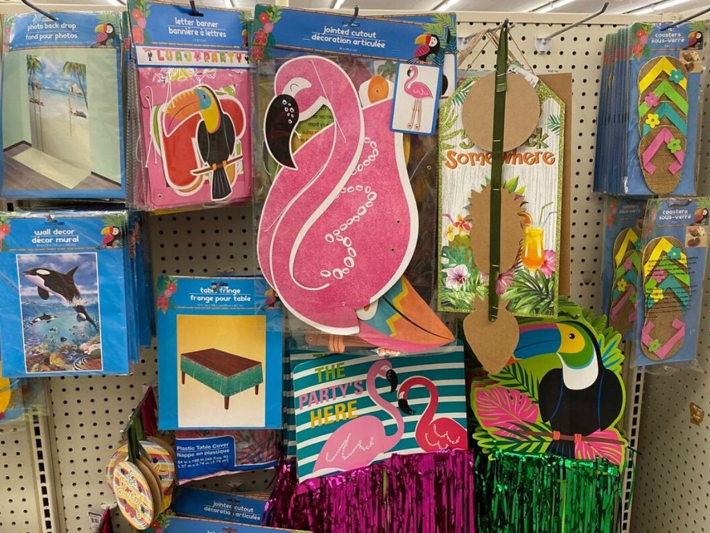 store shelf with assorted Luau theme decor