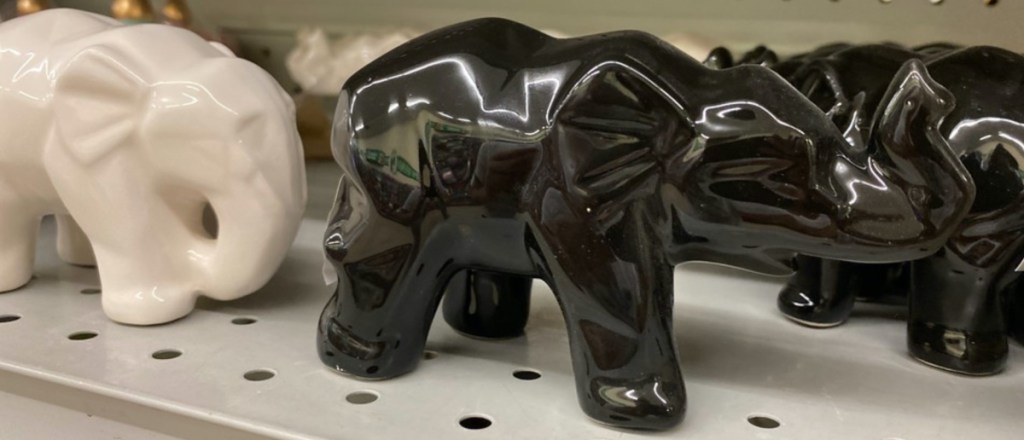 small black and white elephant decor on store shelf