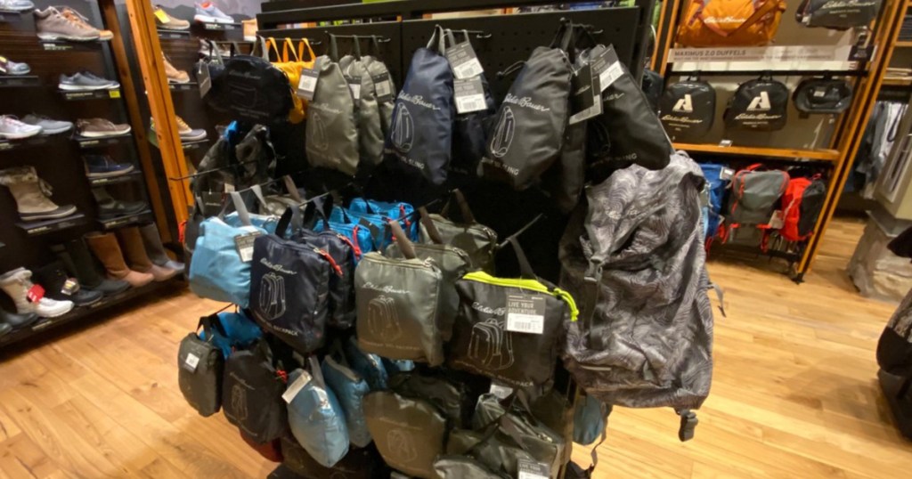 Eddie Bauer Stowaway Packable bags display in store