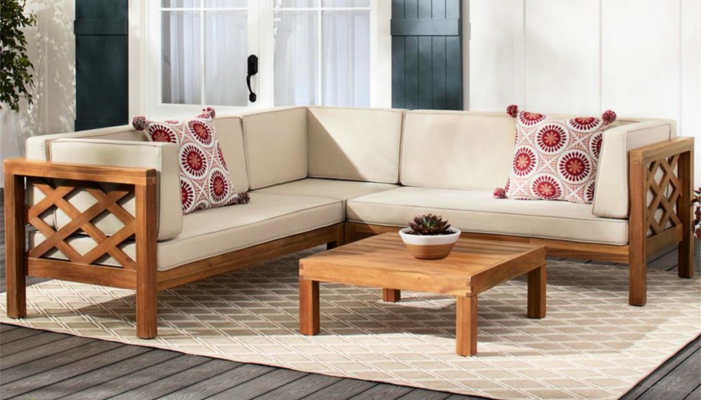 Hampton Bay Willow Glen Farmhouse Wood Sectional Sofa with Teak Finish