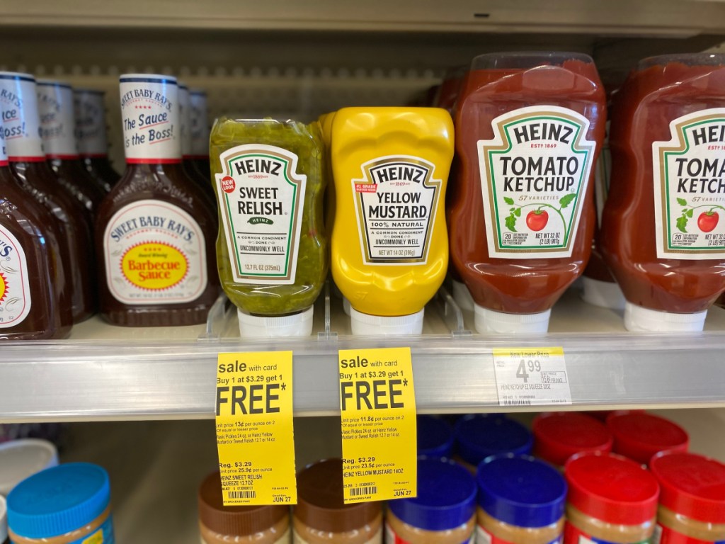 Heinz sweet relish and mustard on store shelf